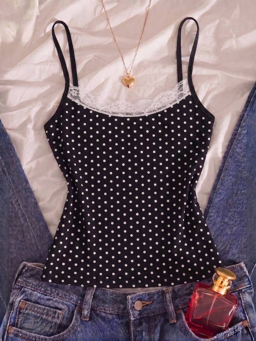 Black striped slim fit camisole top featuring contrast lace trim and delicate spaghetti straps.