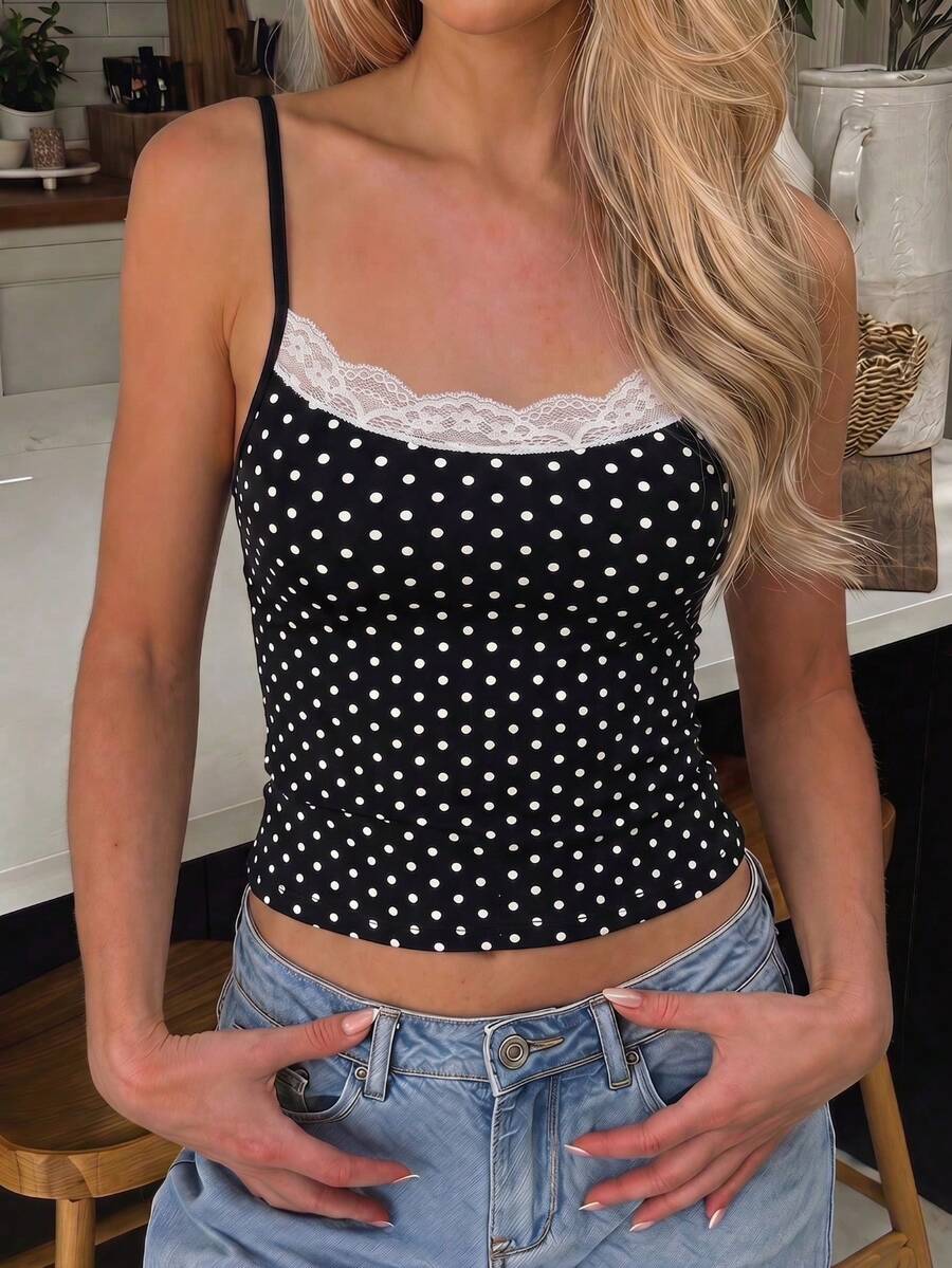 Black striped slim fit camisole top featuring contrast lace trim and delicate spaghetti straps.