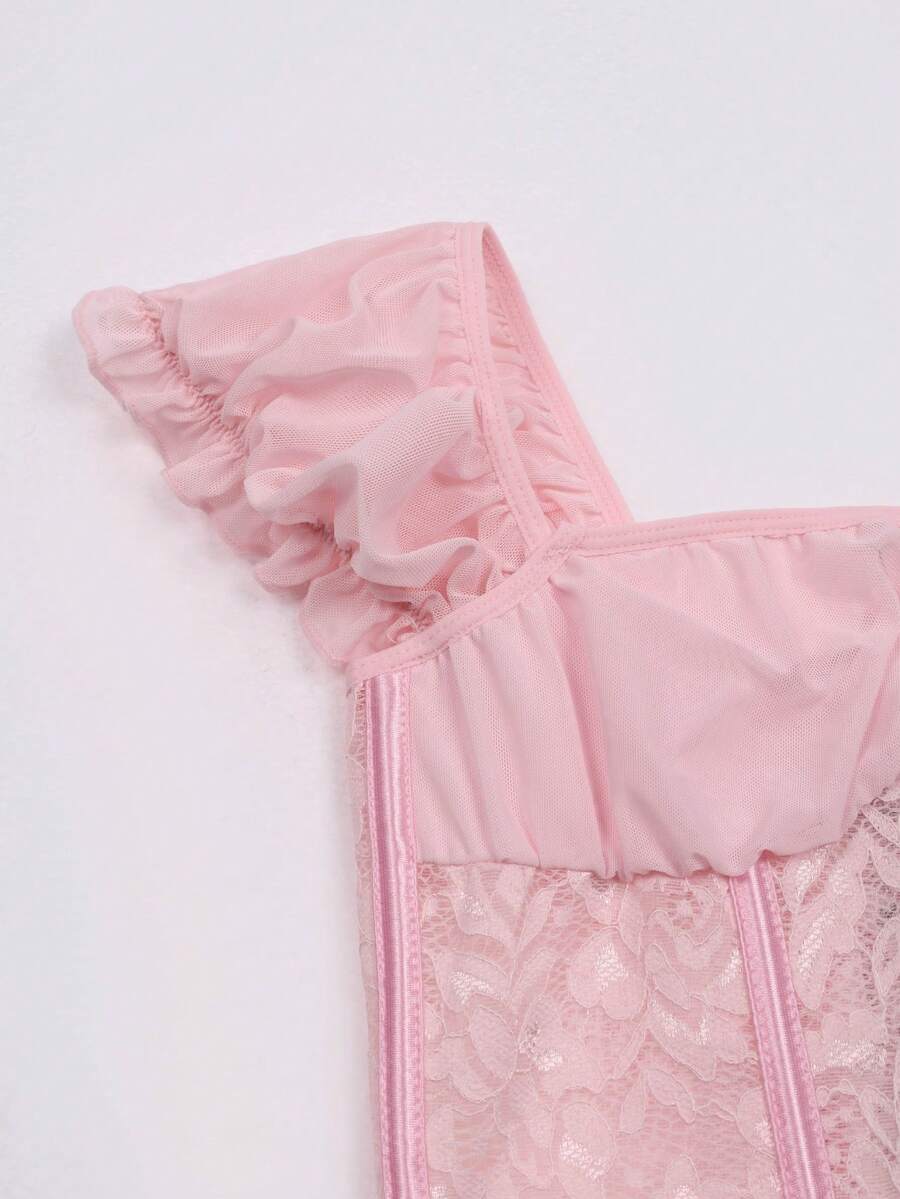 White women’s lace corset crop top with square neckline, boned detail, front button closure, and slim fit silhouette.