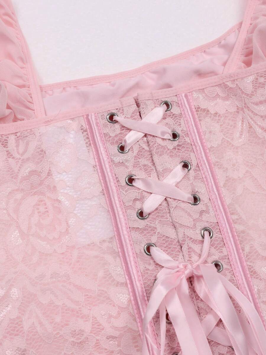 White women’s lace corset crop top with square neckline, boned detail, front button closure, and slim fit silhouette.