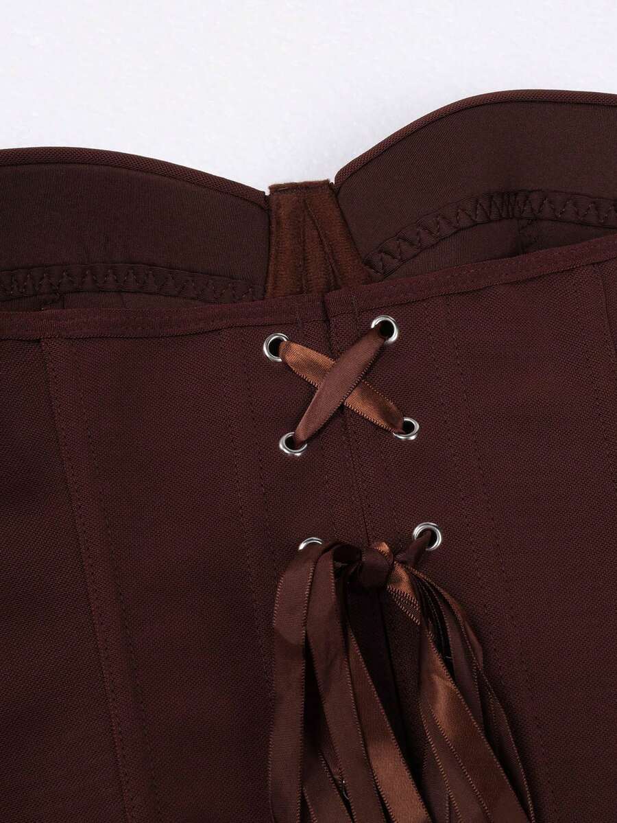 Red strapless corset top with boning and lace-up back, slim fit cropped tube top for women.