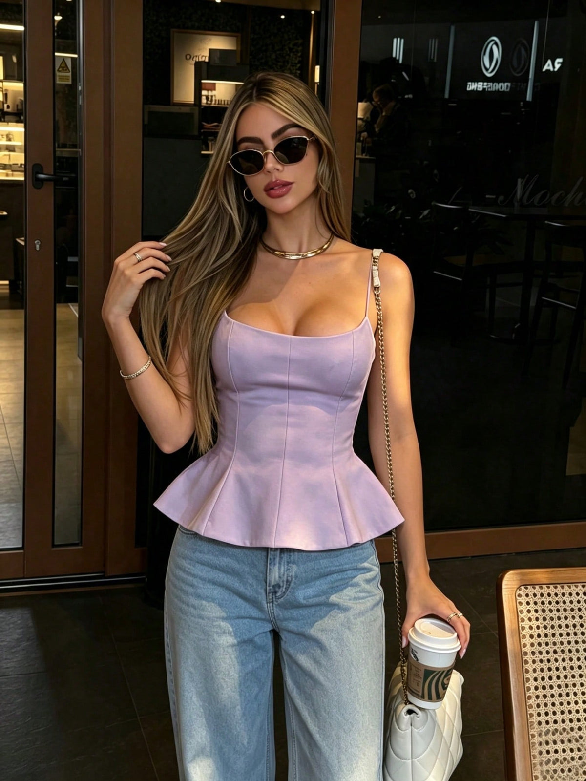 A sleeveless cropped camisole top featuring thin spaghetti straps, a slim fit bodice, and a subtle flared hemline.