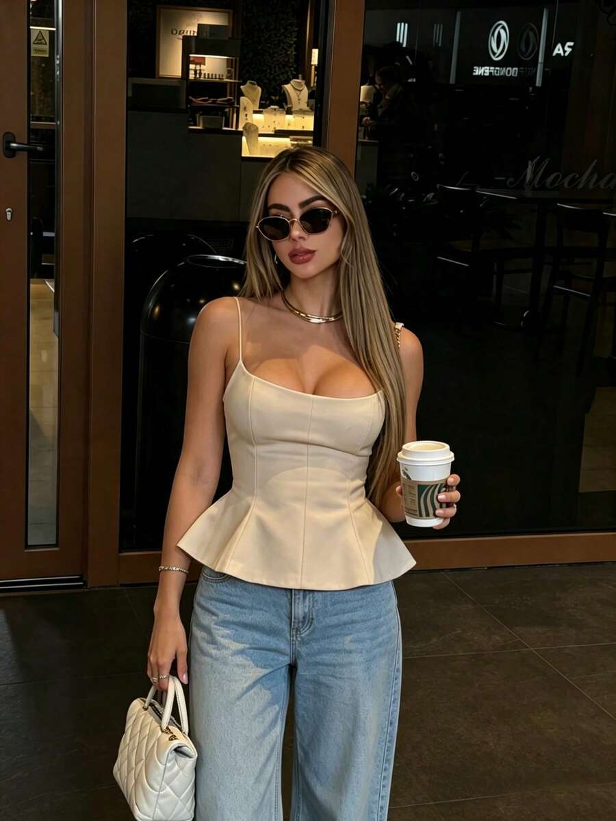 A sleeveless cropped camisole top featuring thin spaghetti straps, a slim fit bodice, and a subtle flared hemline.