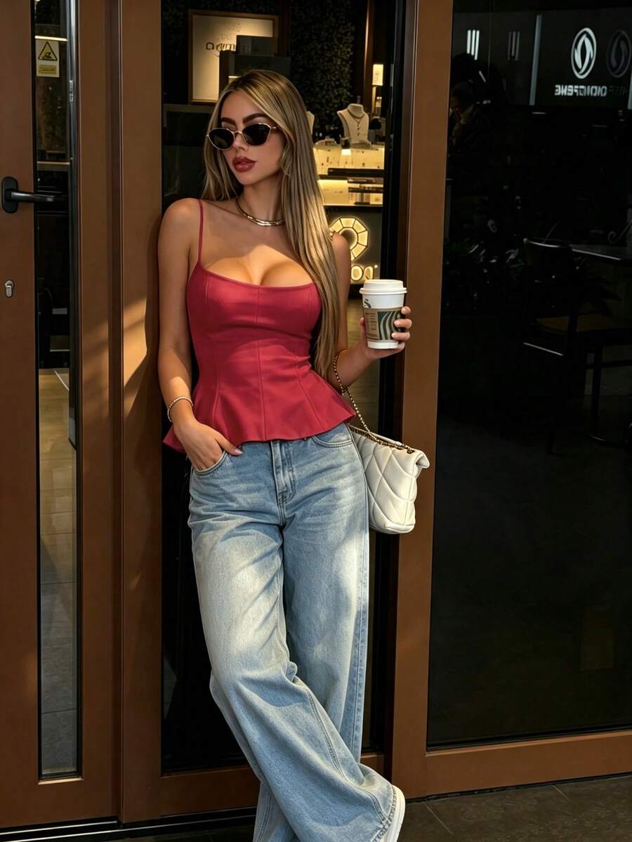 A sleeveless cropped camisole top featuring thin spaghetti straps, a slim fit bodice, and a subtle flared hemline.