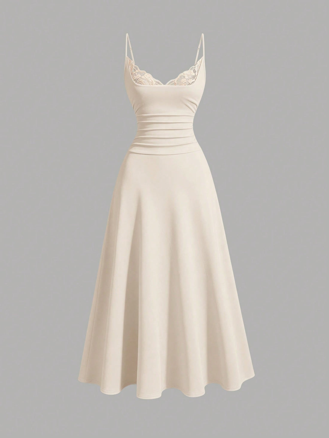 Apricot sleeveless lace patchwork midi dress for women with spaghetti straps and a high-waisted flared skirt.