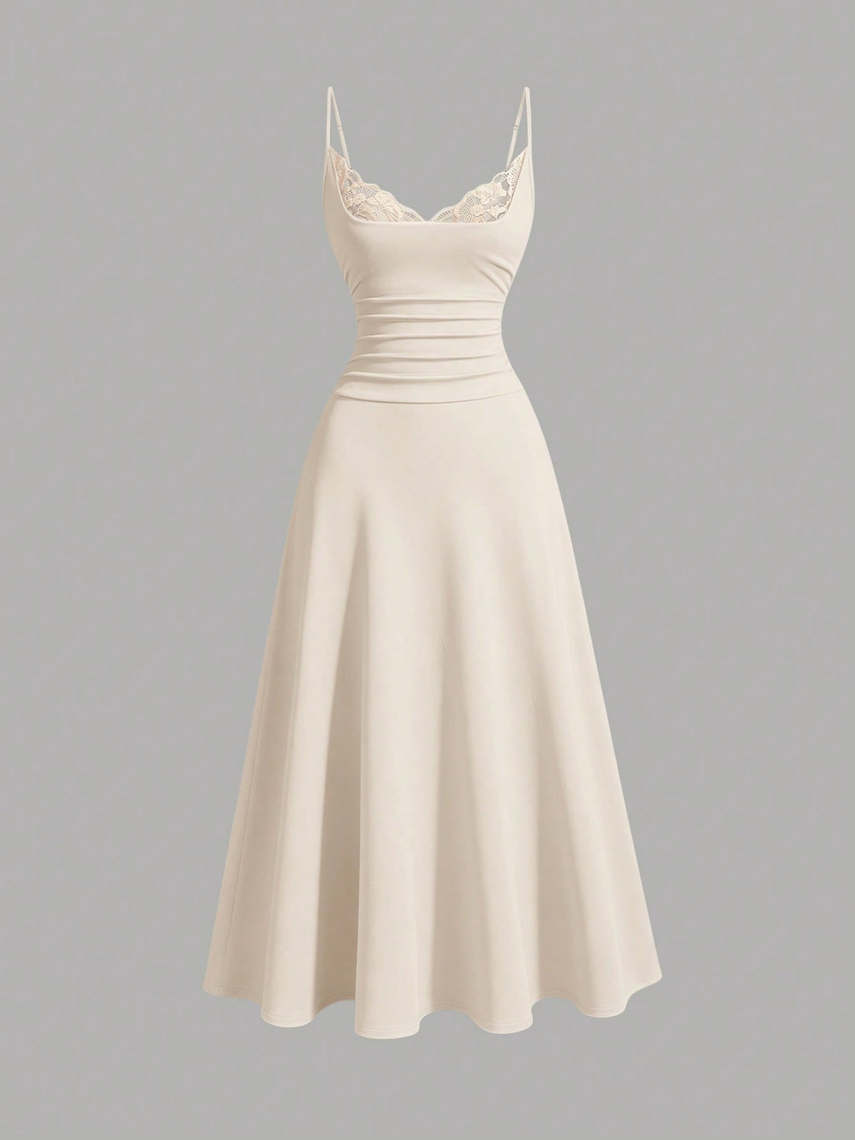 Apricot sleeveless lace patchwork midi dress for women with spaghetti straps and a high-waisted flared skirt.