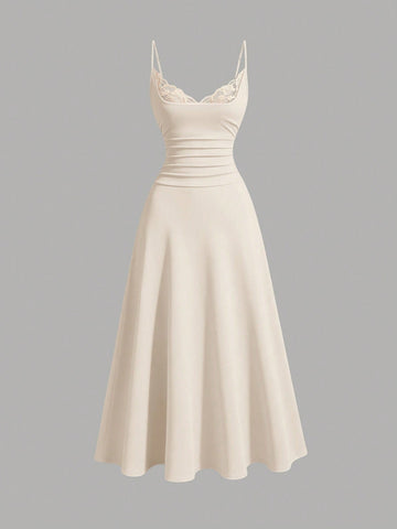 Apricot sleeveless lace patchwork midi dress for women with spaghetti straps and a high-waisted flared skirt.