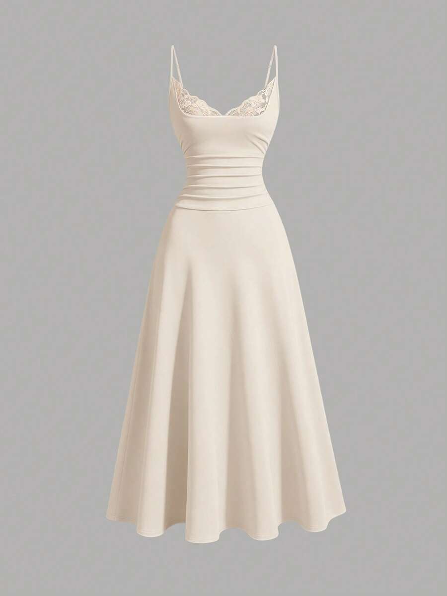 Apricot sleeveless lace patchwork midi dress for women with spaghetti straps and a high-waisted flared skirt.