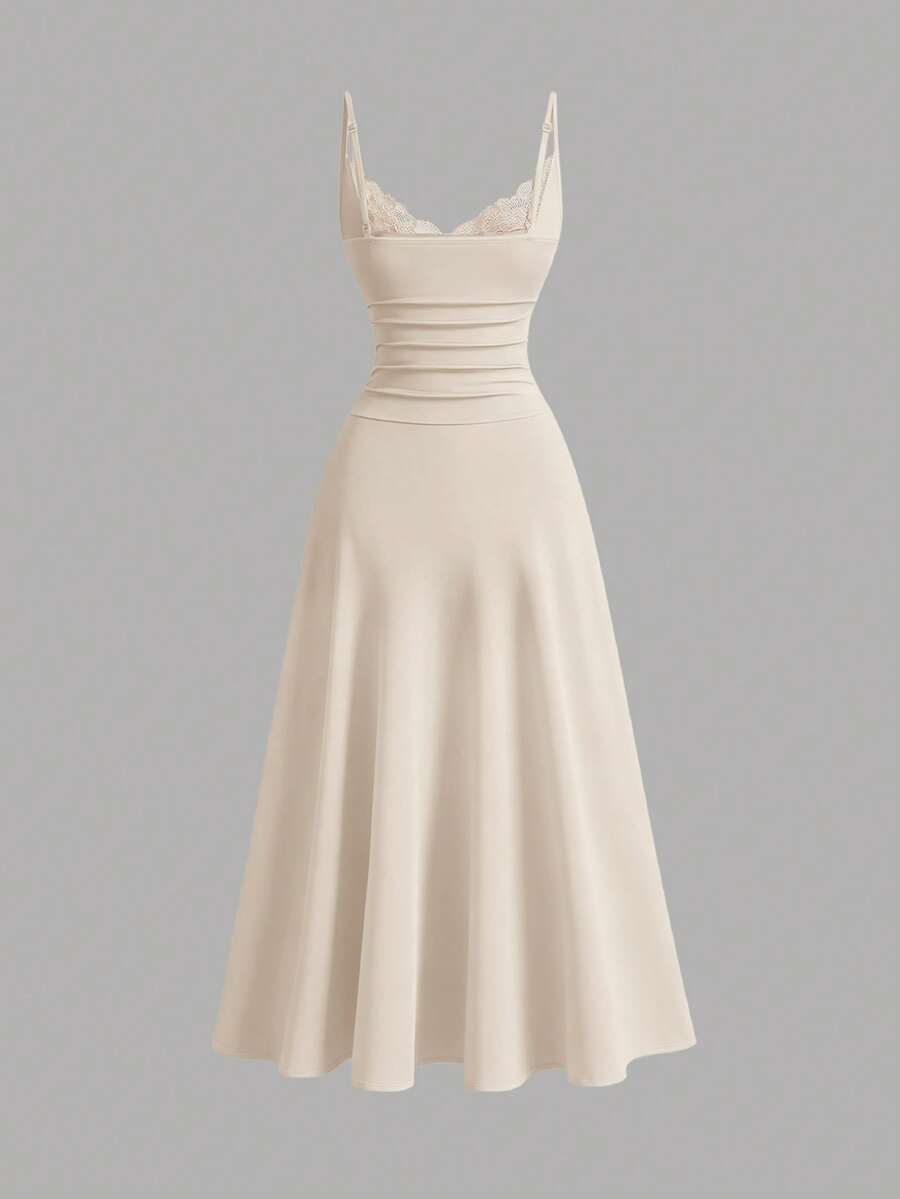 Apricot sleeveless lace patchwork midi dress for women with spaghetti straps and a high-waisted flared skirt.