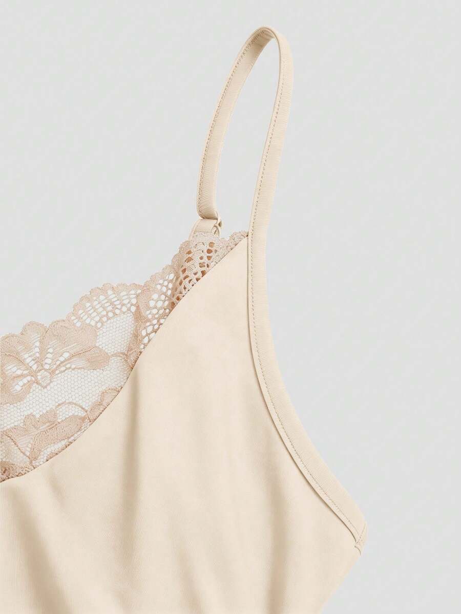 Apricot sleeveless lace patchwork midi dress for women with spaghetti straps and a high-waisted flared skirt.