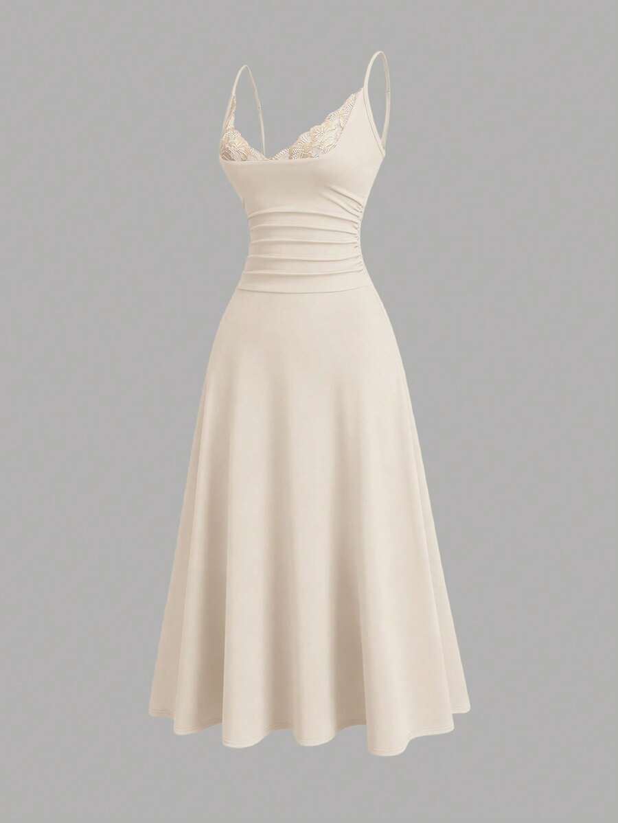 Apricot sleeveless lace patchwork midi dress for women with spaghetti straps and a high-waisted flared skirt.