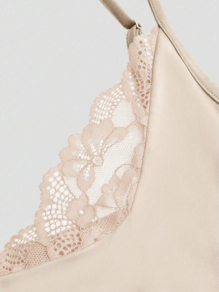 Apricot sleeveless lace patchwork midi dress for women with spaghetti straps and a high-waisted flared skirt.