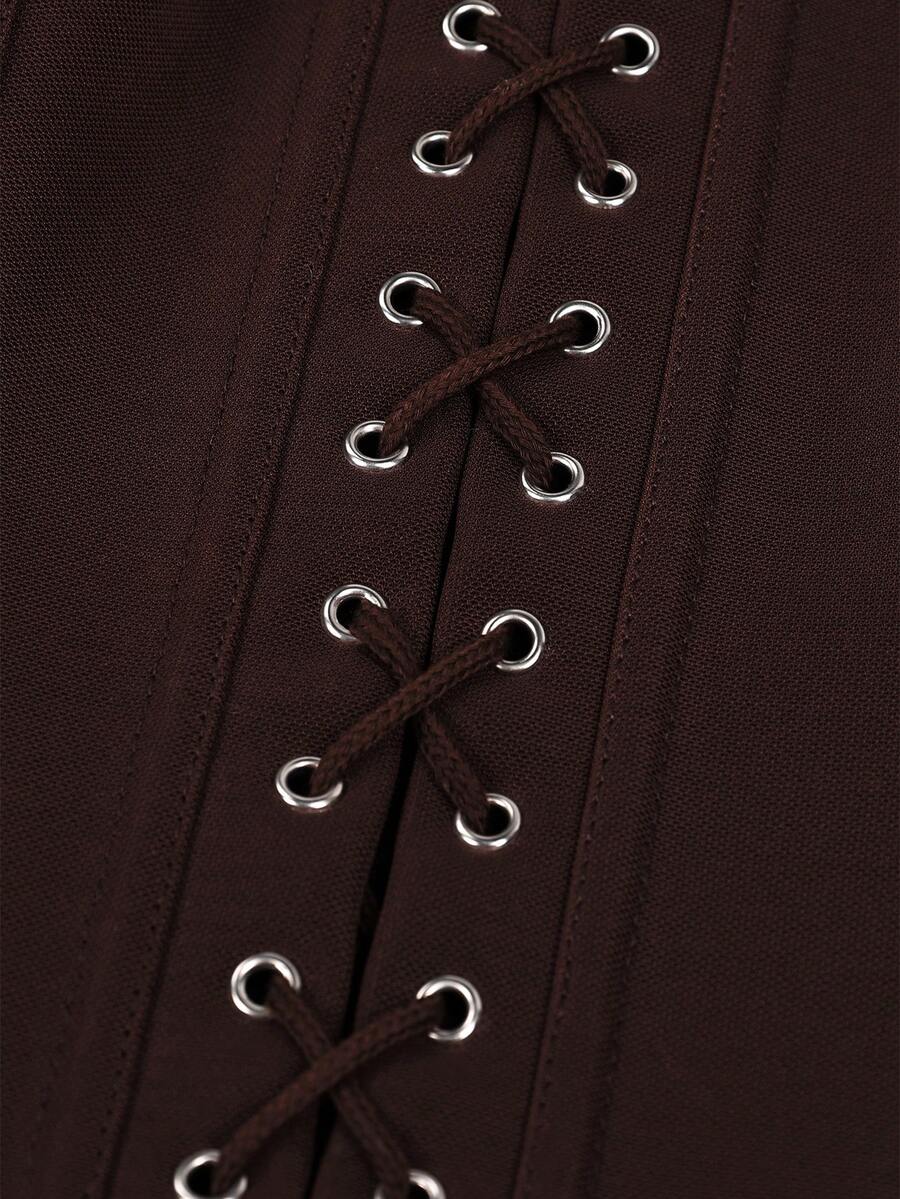 Brown punk style slim fit backless crop top featuring a metal ring waist strap and tie back design for women.