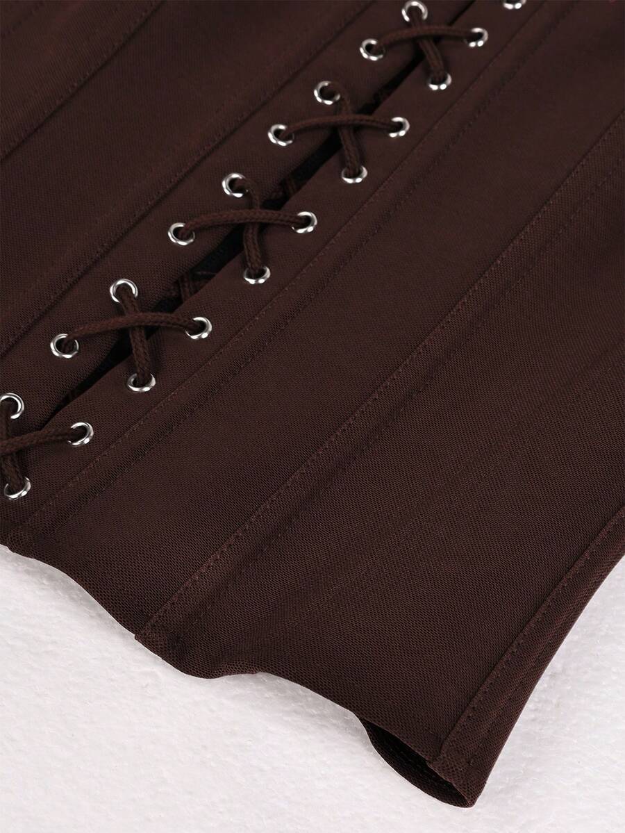 Brown punk style slim fit backless crop top featuring a metal ring waist strap and tie back design for women.