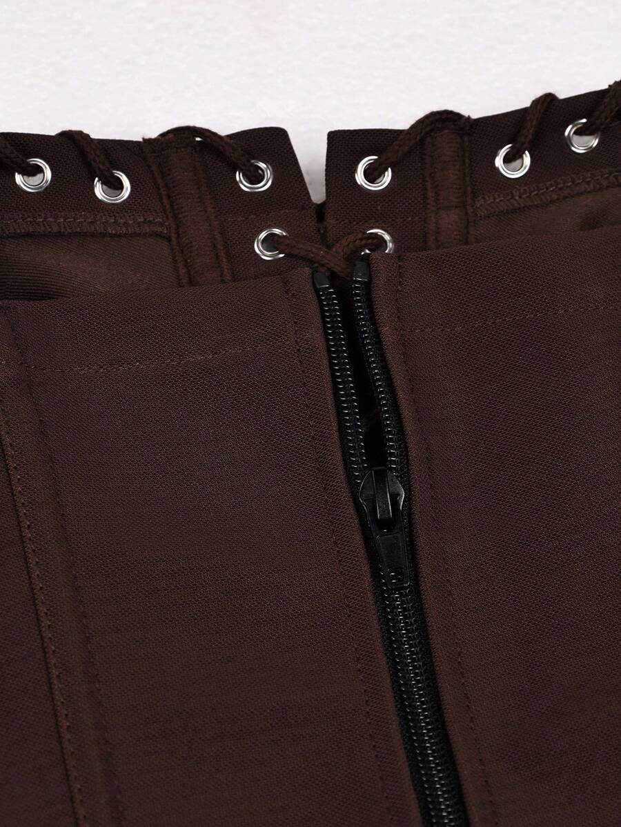 Brown punk style slim fit backless crop top featuring a metal ring waist strap and tie back design for women.