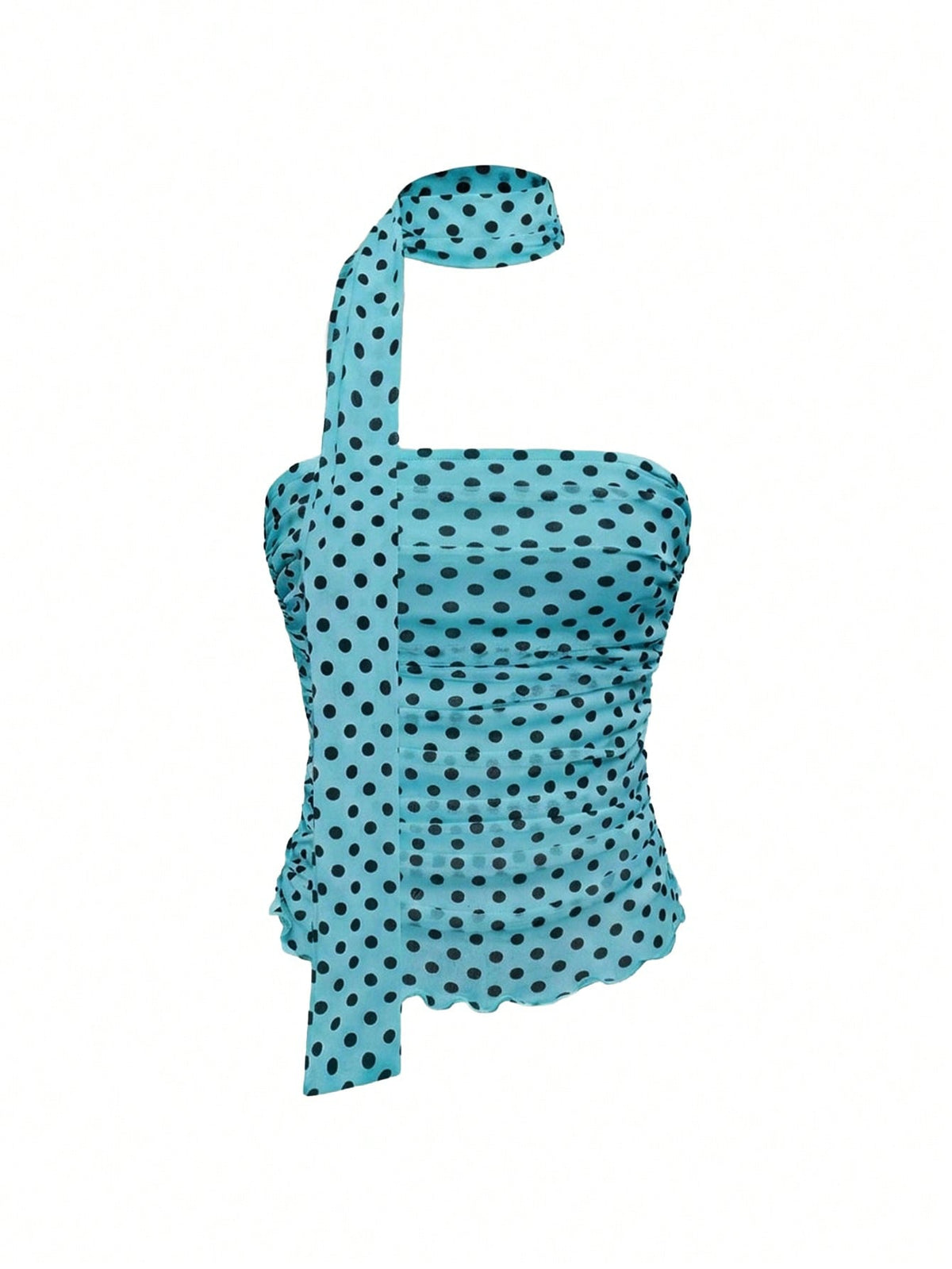 Women's black polka dot strapless tube top made of ruched mesh fabric featuring an asymmetrical hem and matching scarf.