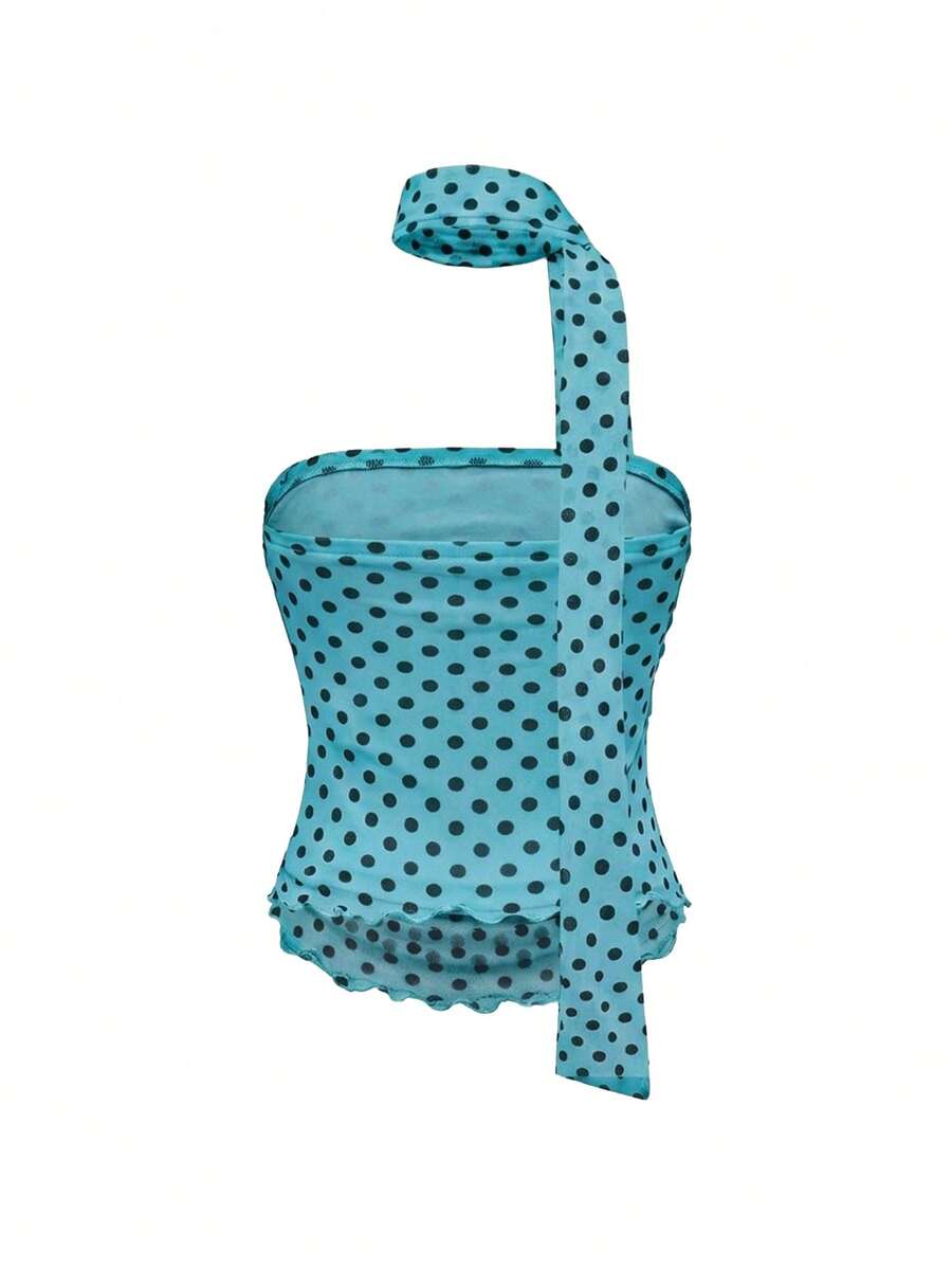 Women's black polka dot strapless tube top made of ruched mesh fabric featuring an asymmetrical hem and matching scarf.