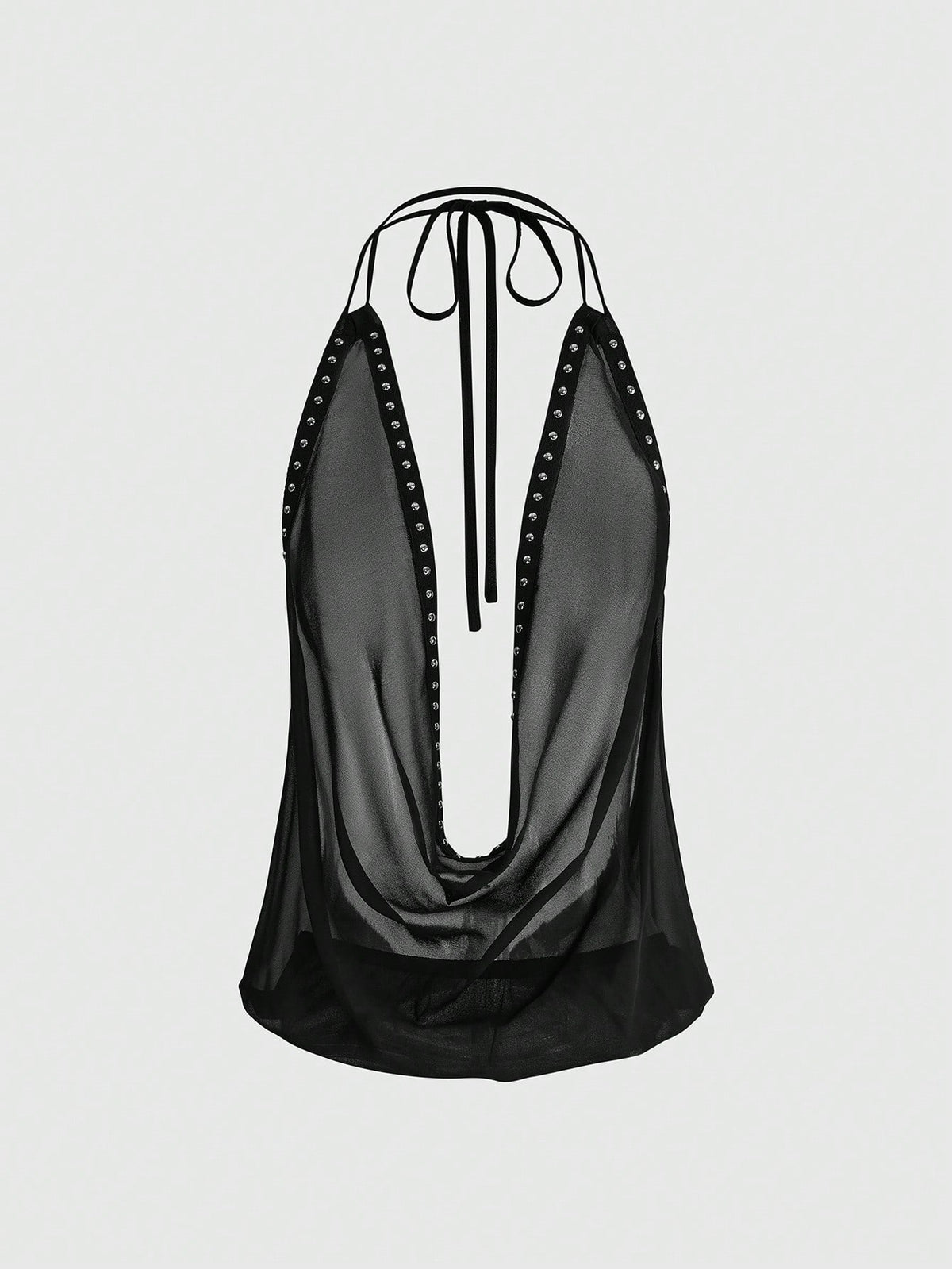 Women's black halter cowl backless crop top featuring asymmetrical draped hem and knot detail