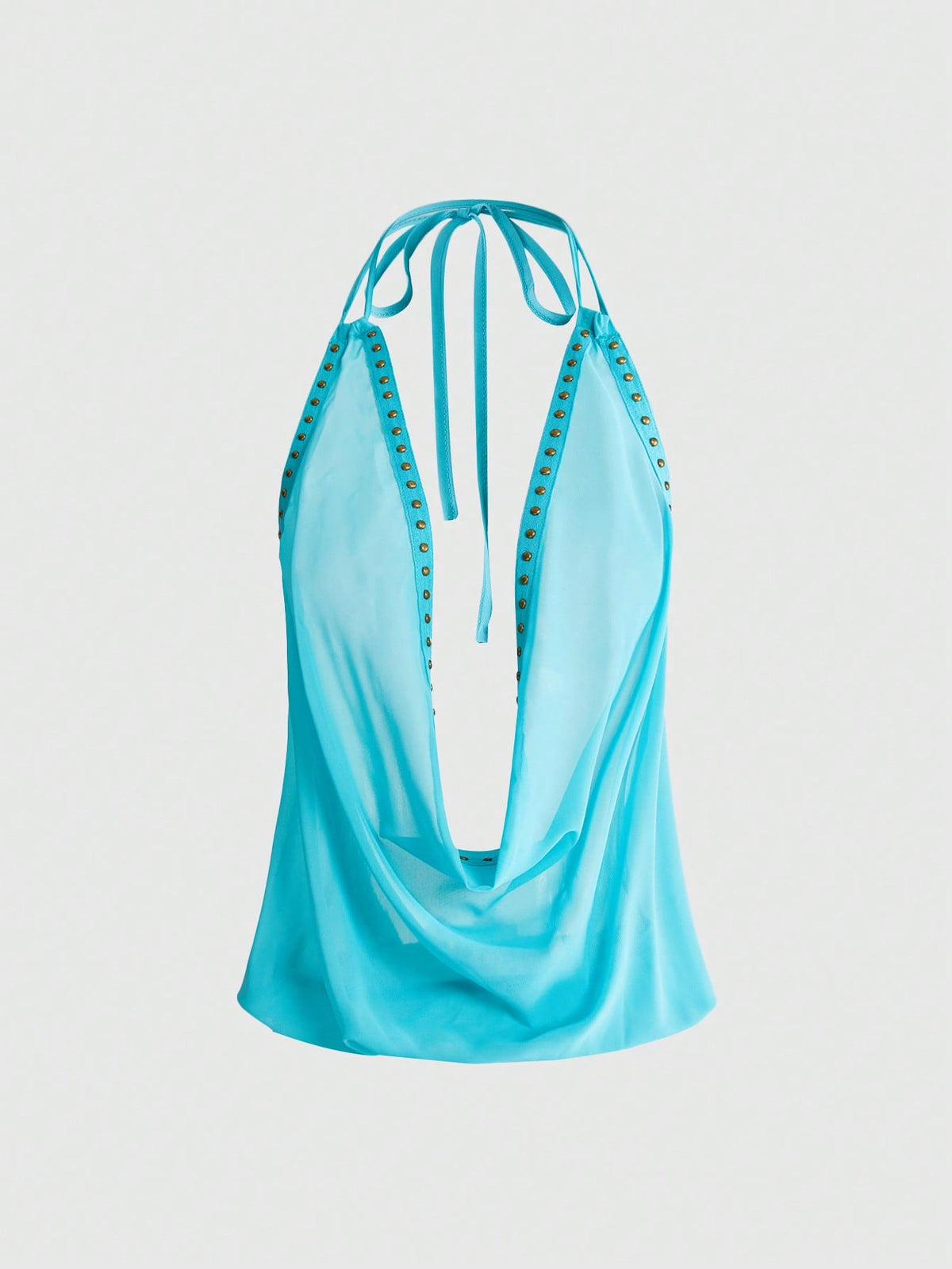 Women's black halter cowl backless crop top featuring asymmetrical draped hem and knot detail