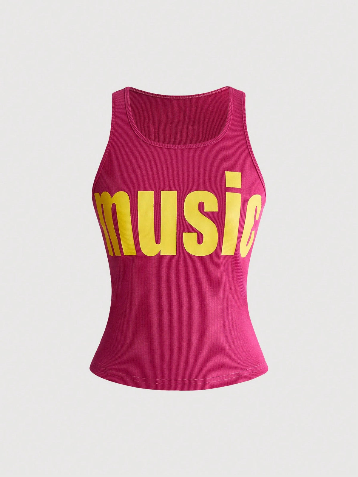 Women's slim fit scoop neck tank top in knitted fabric featuring a bold graphic letter slogan print on the front.