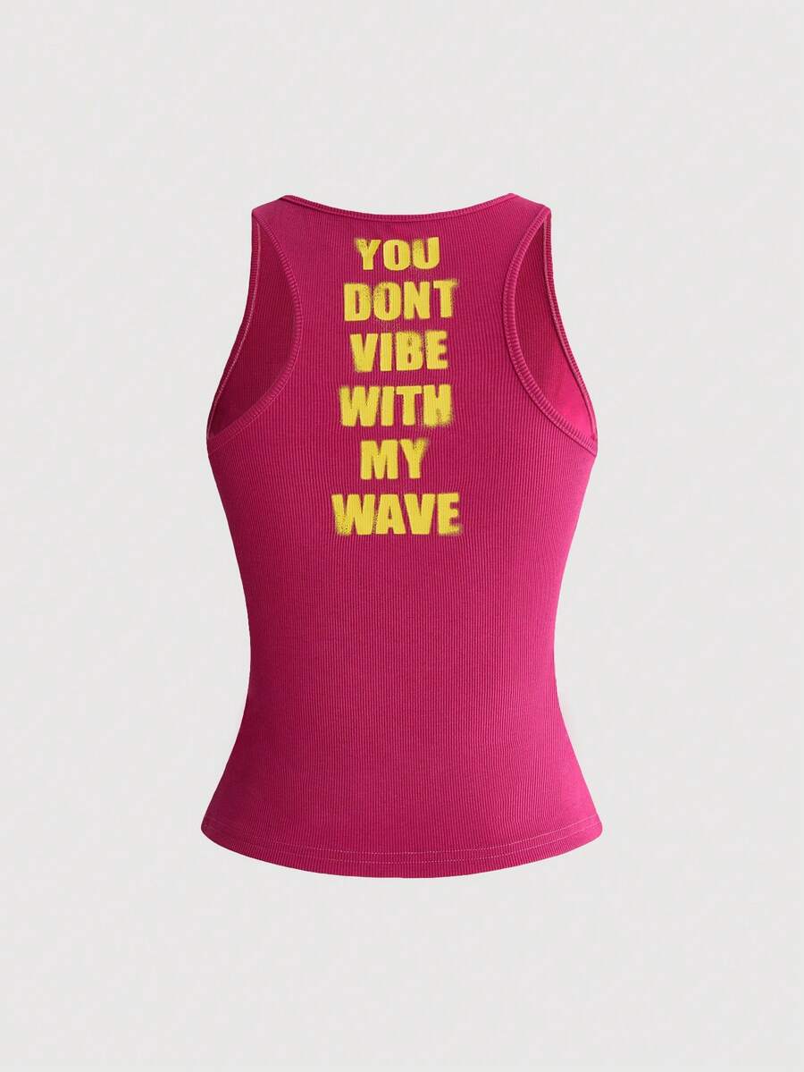 Women's slim fit scoop neck tank top in knitted fabric featuring a bold graphic letter slogan print on the front.