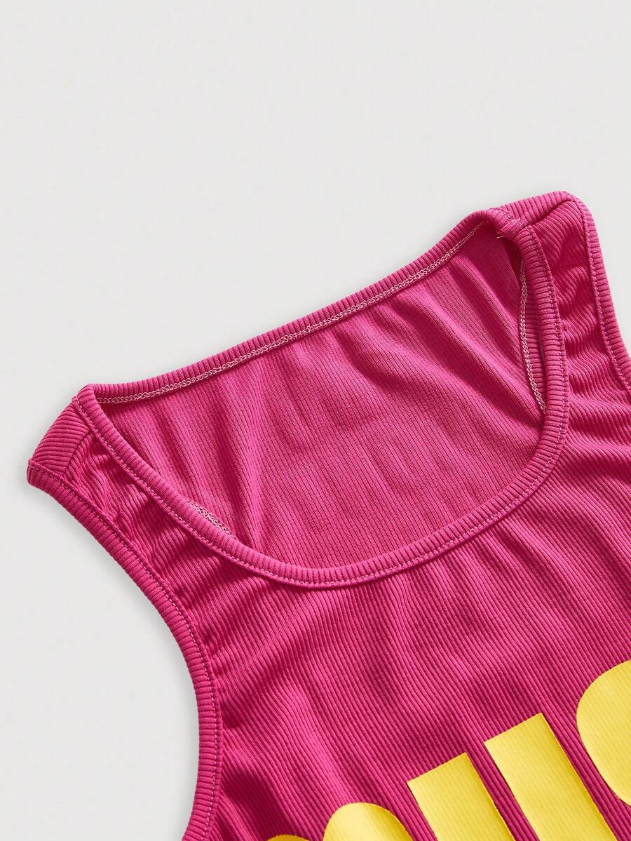 Women's slim fit scoop neck tank top in knitted fabric featuring a bold graphic letter slogan print on the front.