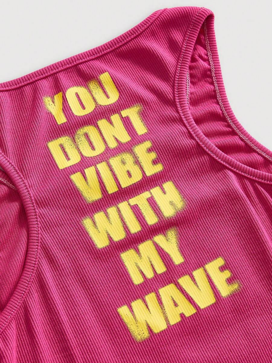 Women's slim fit scoop neck tank top in knitted fabric featuring a bold graphic letter slogan print on the front.