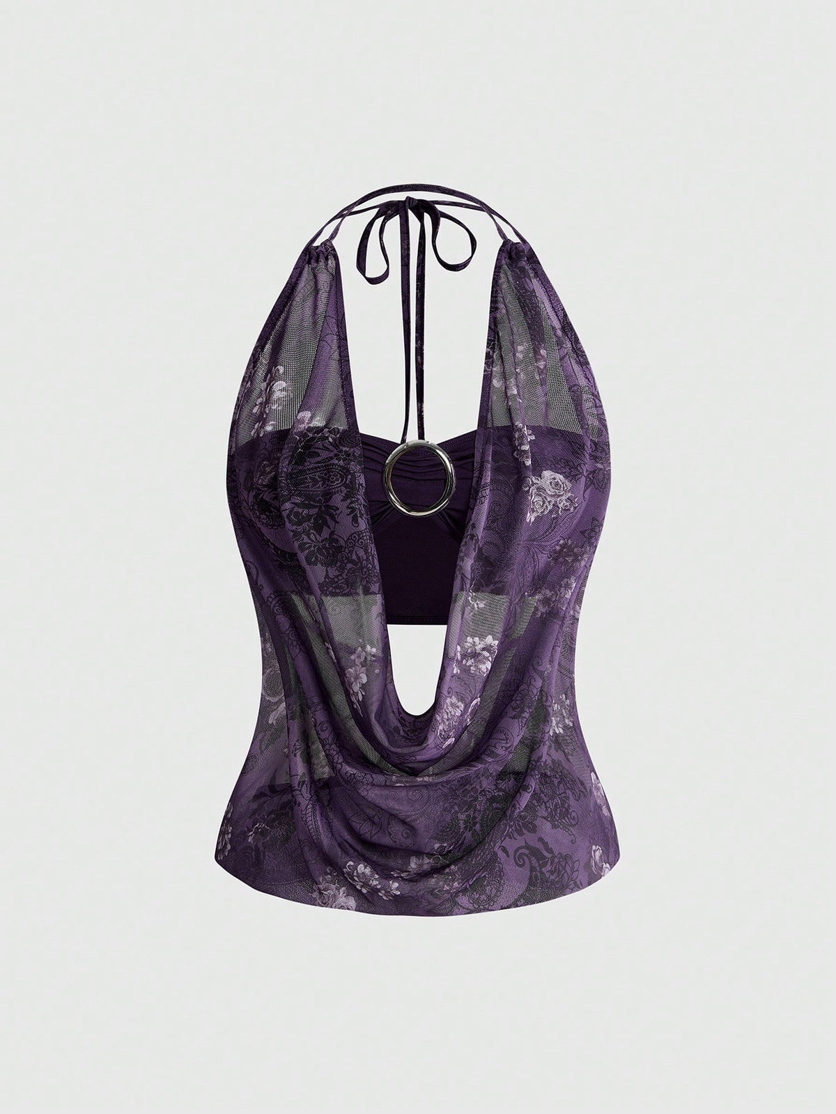 Women's cowl neck halter crop tank top featuring a draped backless design and matching bandeau inner layer.