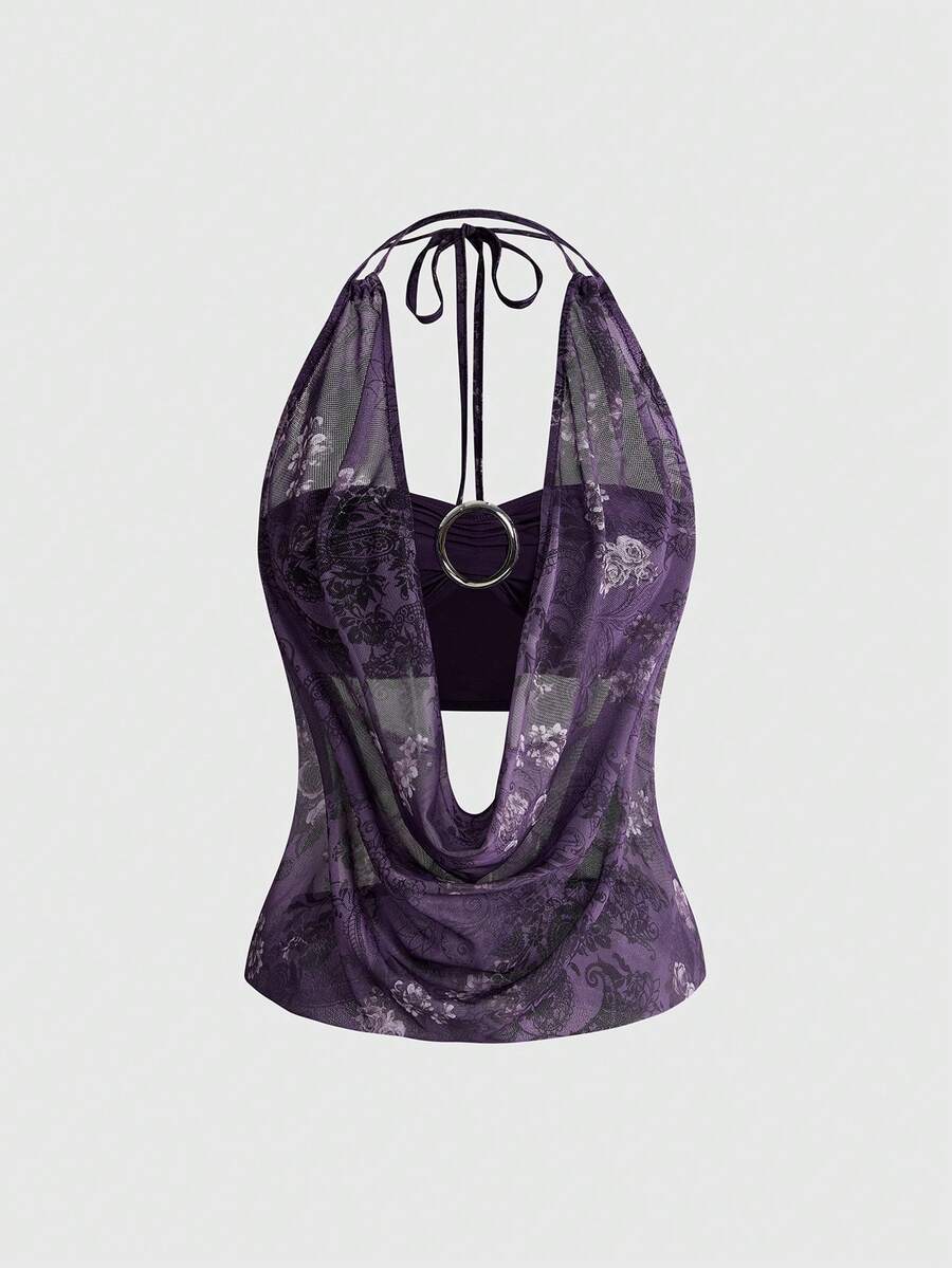 Women's cowl neck halter crop tank top featuring a draped backless design and matching bandeau inner layer.