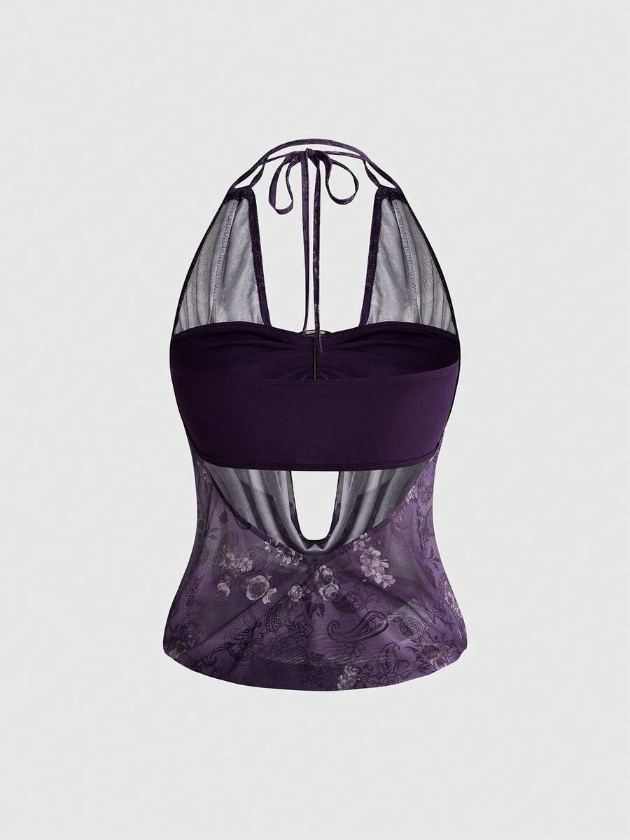 Women's cowl neck halter crop tank top featuring a draped backless design and matching bandeau inner layer.