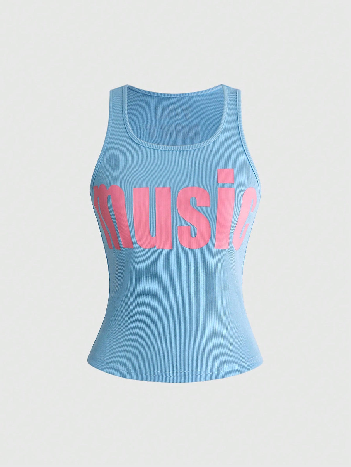 Women's slim fit scoop neck tank top in knitted fabric featuring a bold graphic letter slogan print on the front.