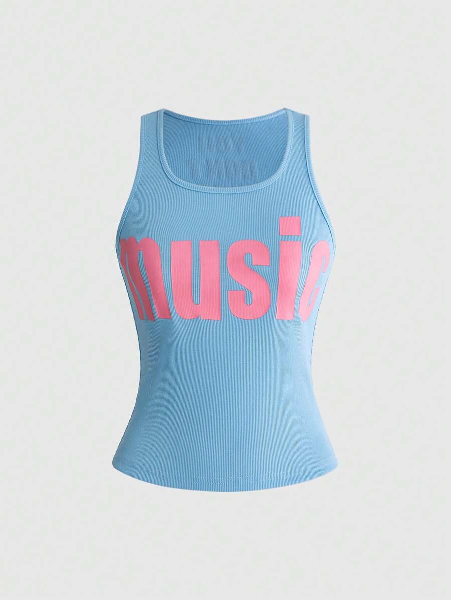 Women's slim fit scoop neck tank top in knitted fabric featuring a bold graphic letter slogan print on the front.