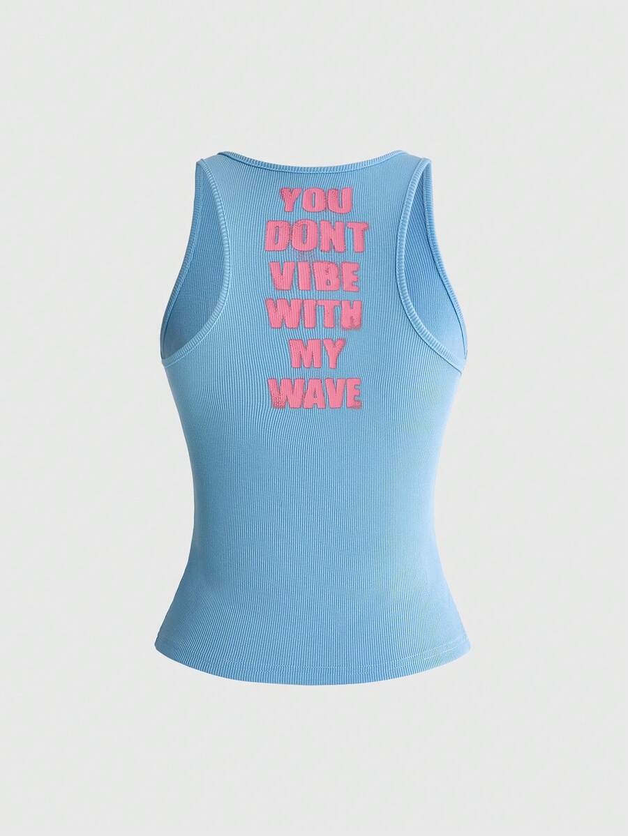 Women's slim fit scoop neck tank top in knitted fabric featuring a bold graphic letter slogan print on the front.