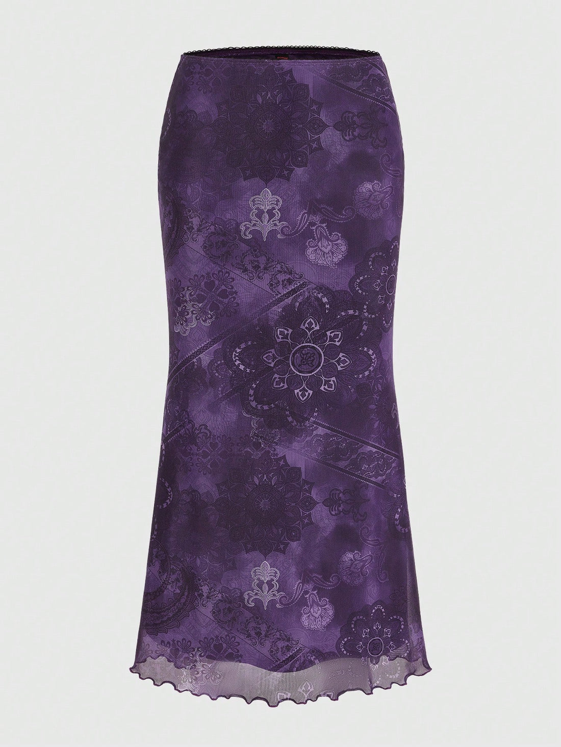 women's boho purple floral print long mesh skirt featuring high waist, mermaid silhouette, skinny fit, and lettuce trim with rhinestone details.