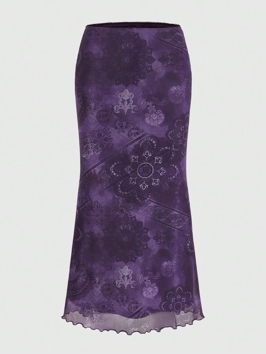 women's boho purple floral print long mesh skirt featuring high waist, mermaid silhouette, skinny fit, and lettuce trim with rhinestone details.