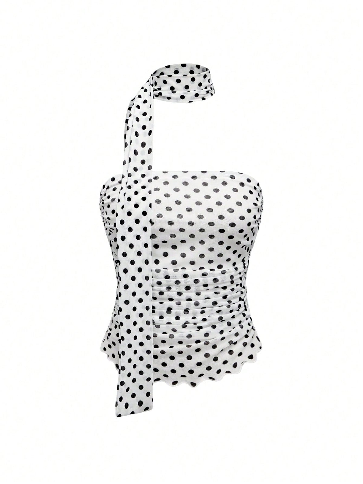 Women's black polka dot strapless tube top made of ruched mesh fabric featuring an asymmetrical hem and matching scarf.