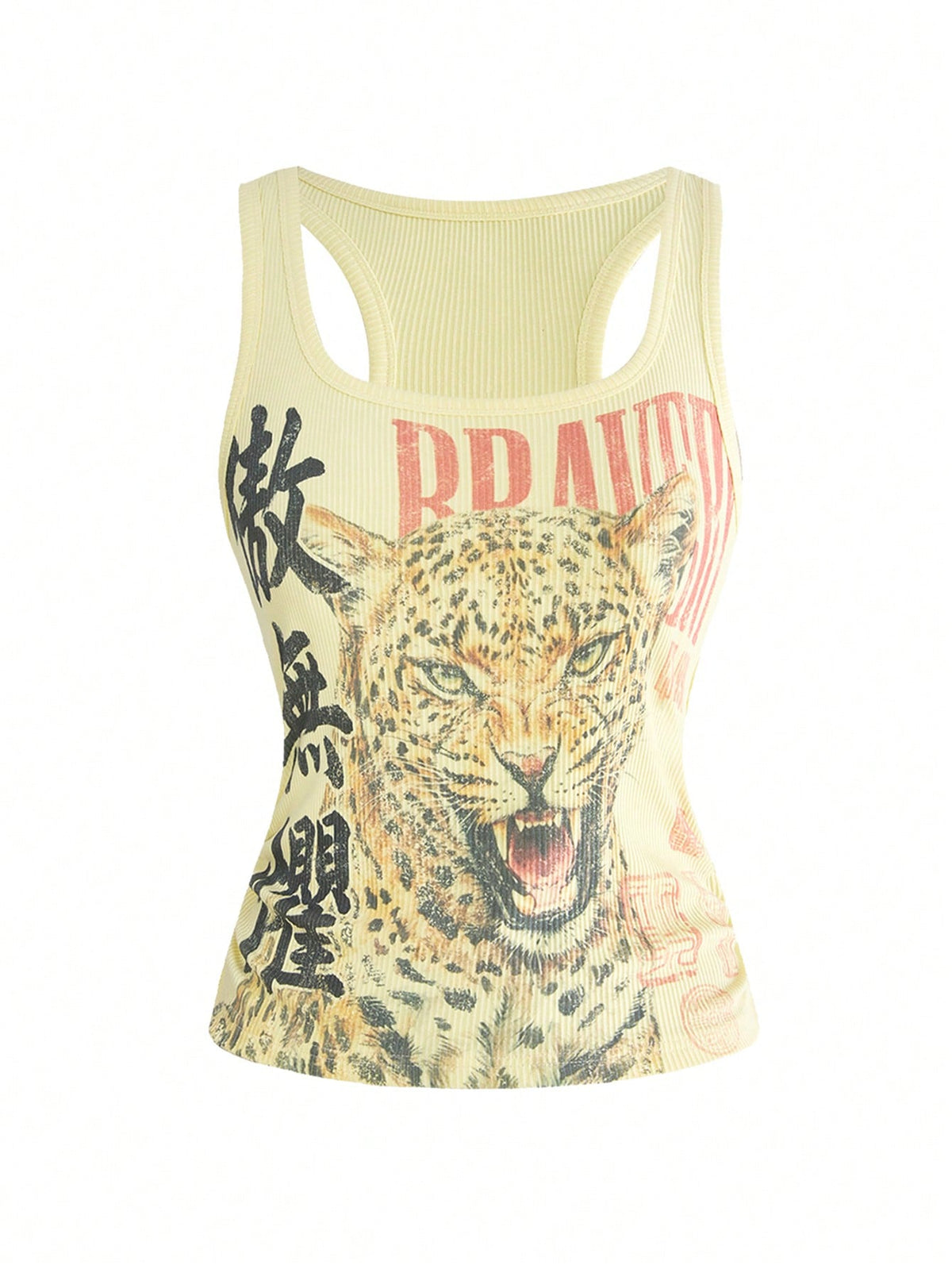 Black rib-knit scoop neck tank top featuring leopard print and graphic lettering for women.