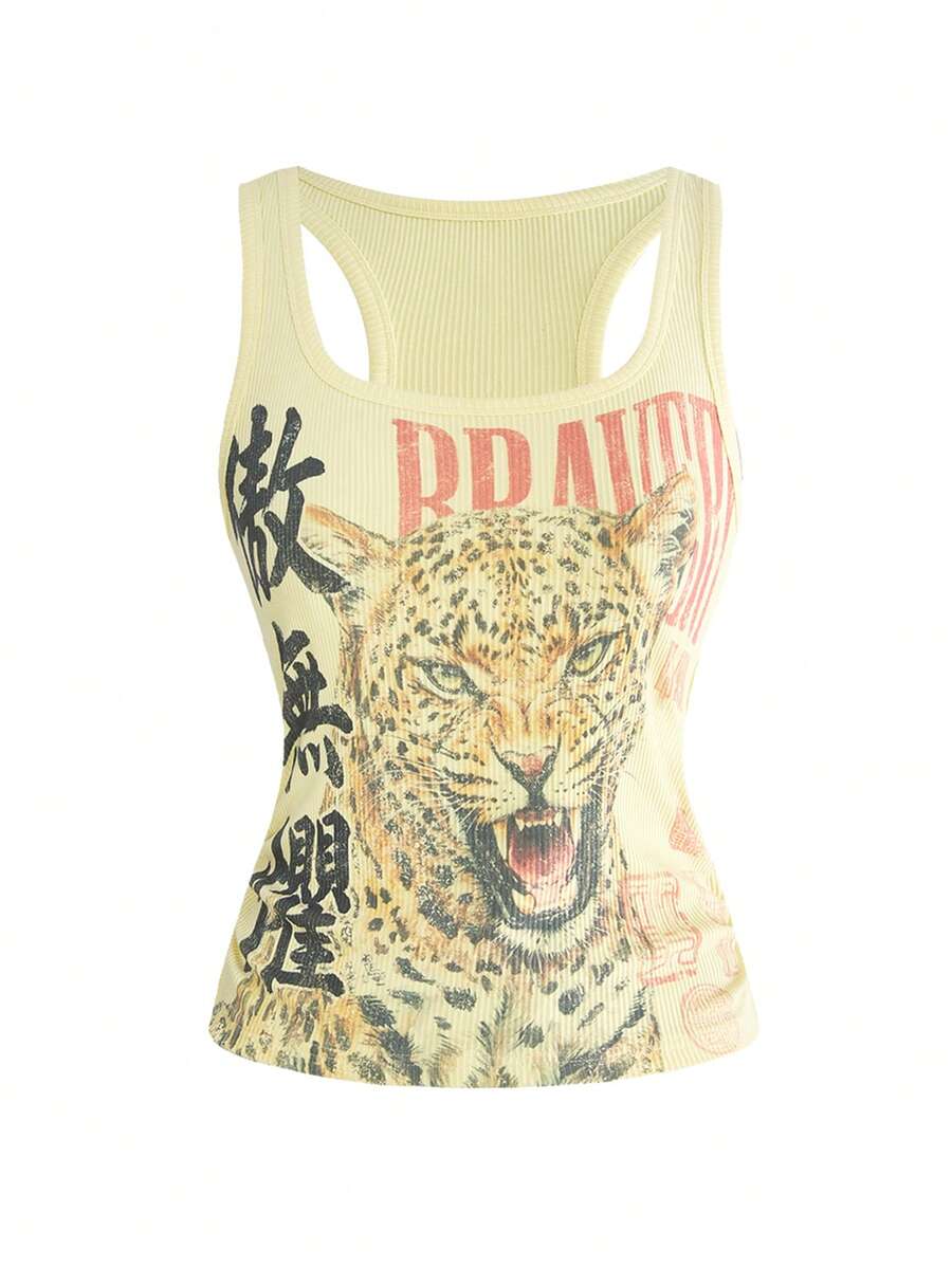 Black rib-knit scoop neck tank top featuring leopard print and graphic lettering for women.