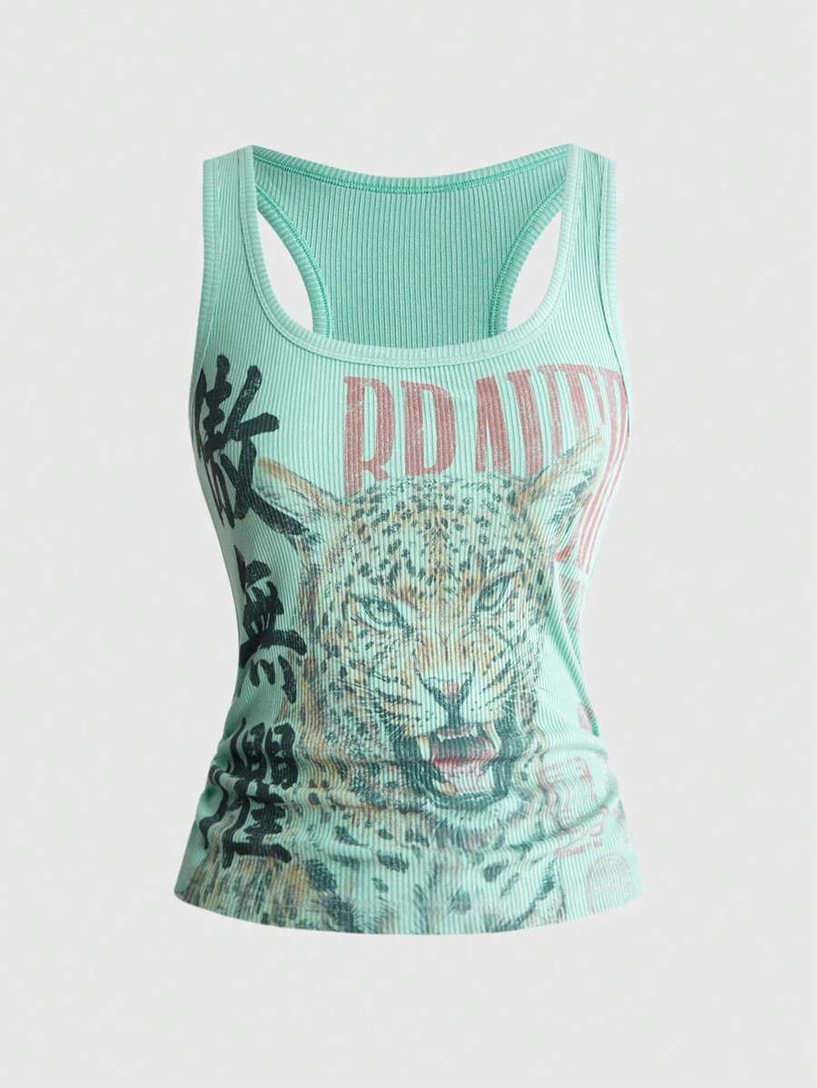 Black rib-knit scoop neck tank top featuring leopard print and graphic lettering for women.
