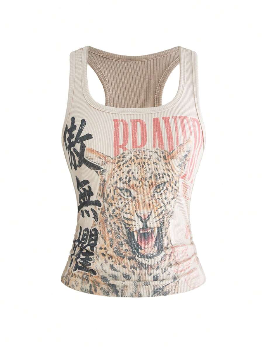 Black rib-knit scoop neck tank top featuring leopard print and graphic lettering for women.