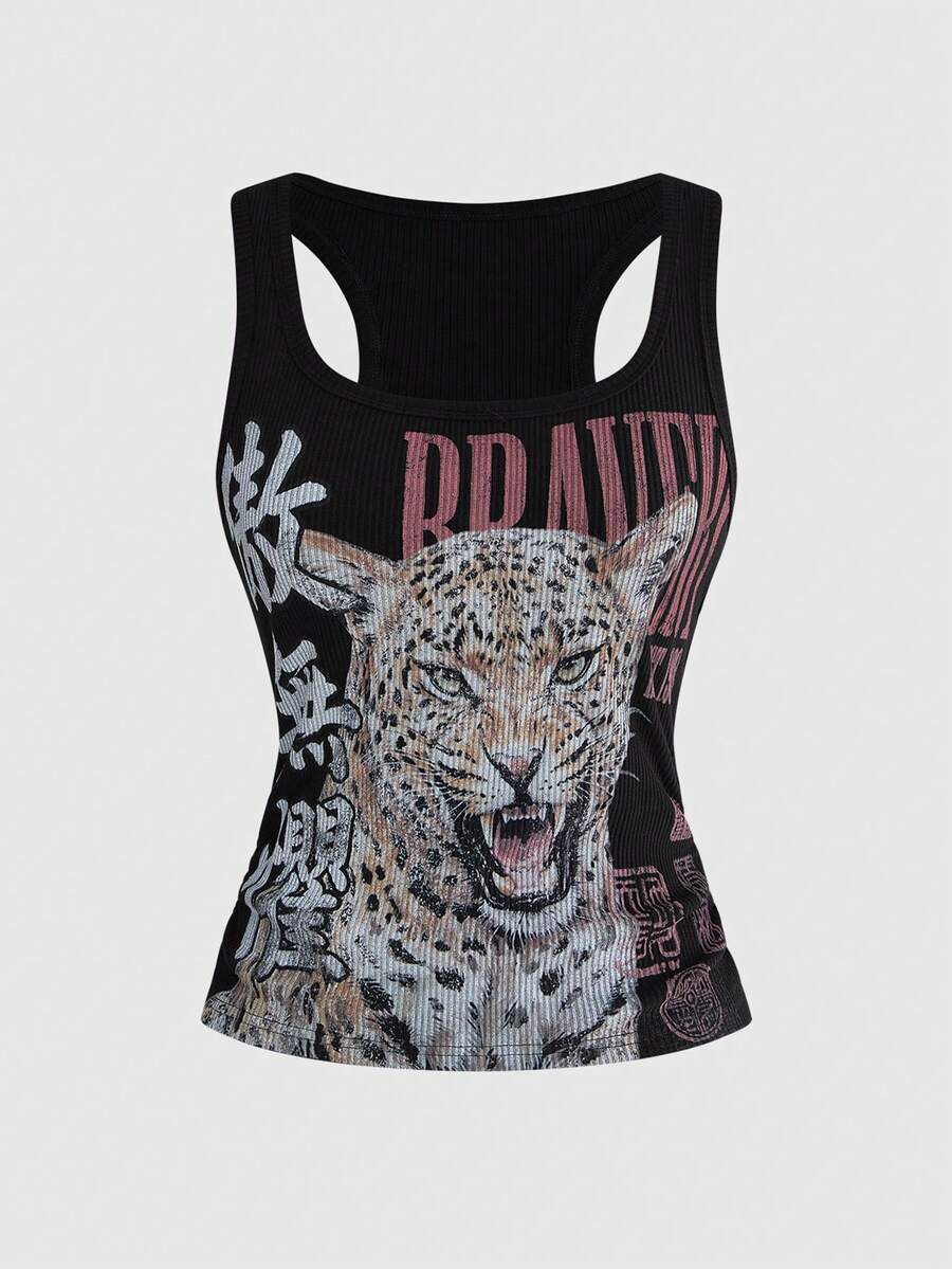 Black rib-knit scoop neck tank top featuring leopard print and graphic lettering for women.