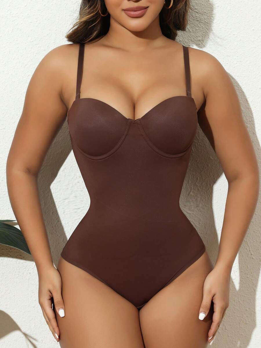 EasyFave women's apricot shapewear bodysuit jumpsuit with cup detail, long leg length, and knitted fabric.