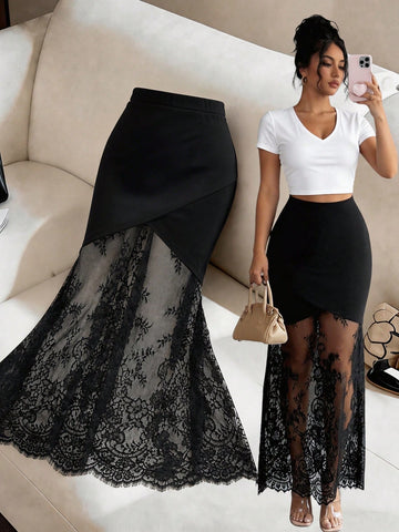 women's elegant black lace patchwork mermaid skirt with high waist and asymmetrical details
