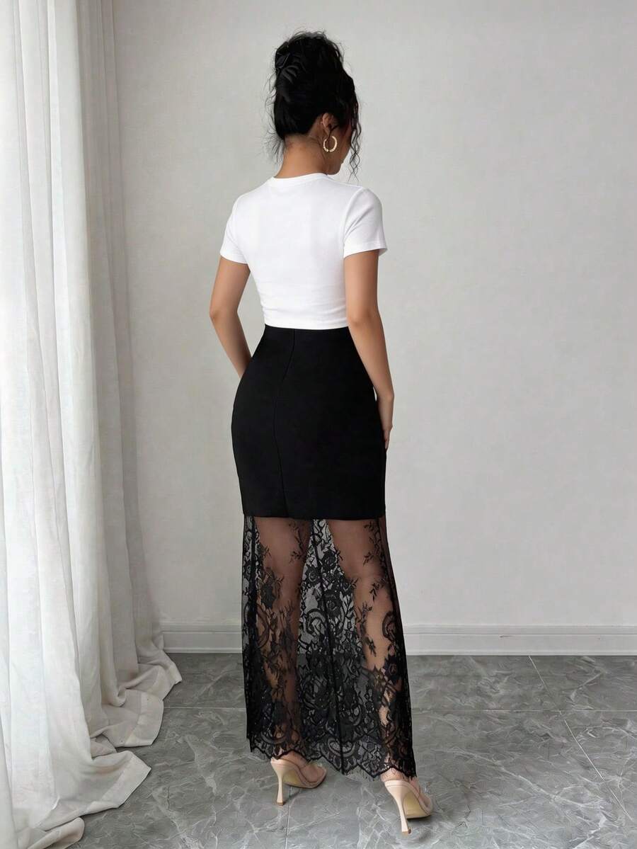 women's elegant black lace patchwork mermaid skirt with high waist and asymmetrical details