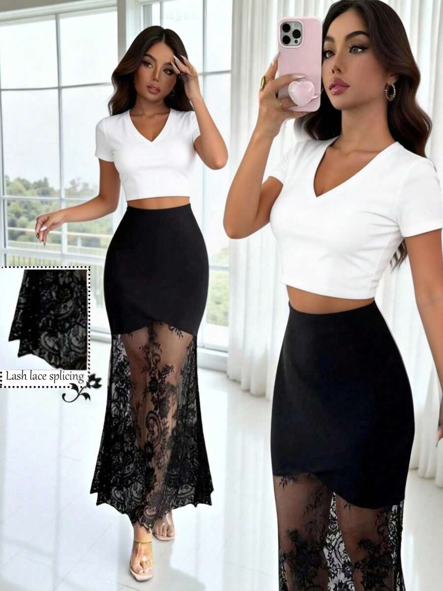 women's elegant black lace patchwork mermaid skirt with high waist and asymmetrical details