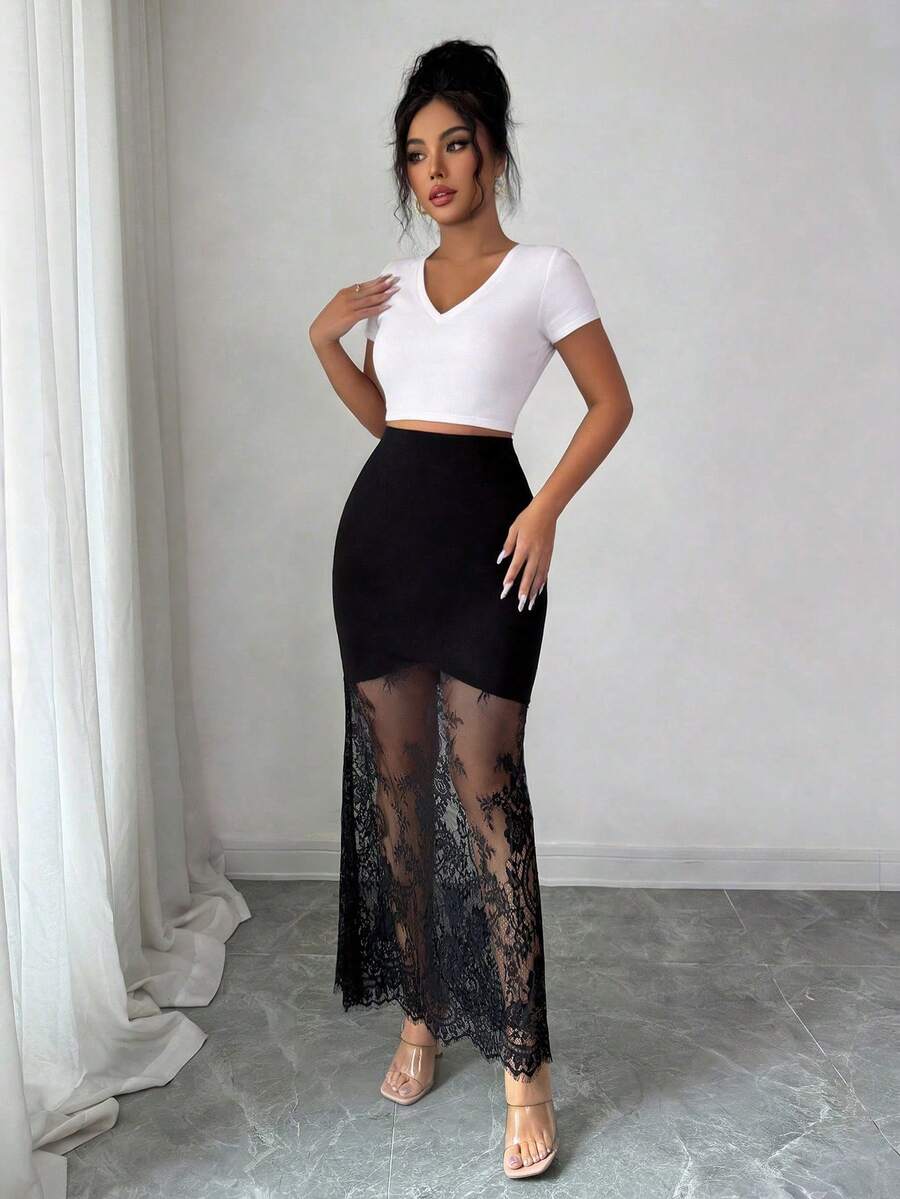 women's elegant black lace patchwork mermaid skirt with high waist and asymmetrical details