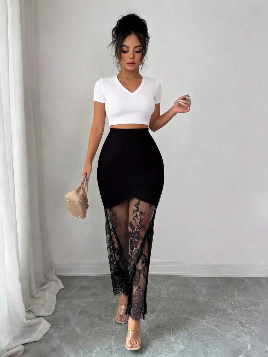 women's elegant black lace patchwork mermaid skirt with high waist and asymmetrical details