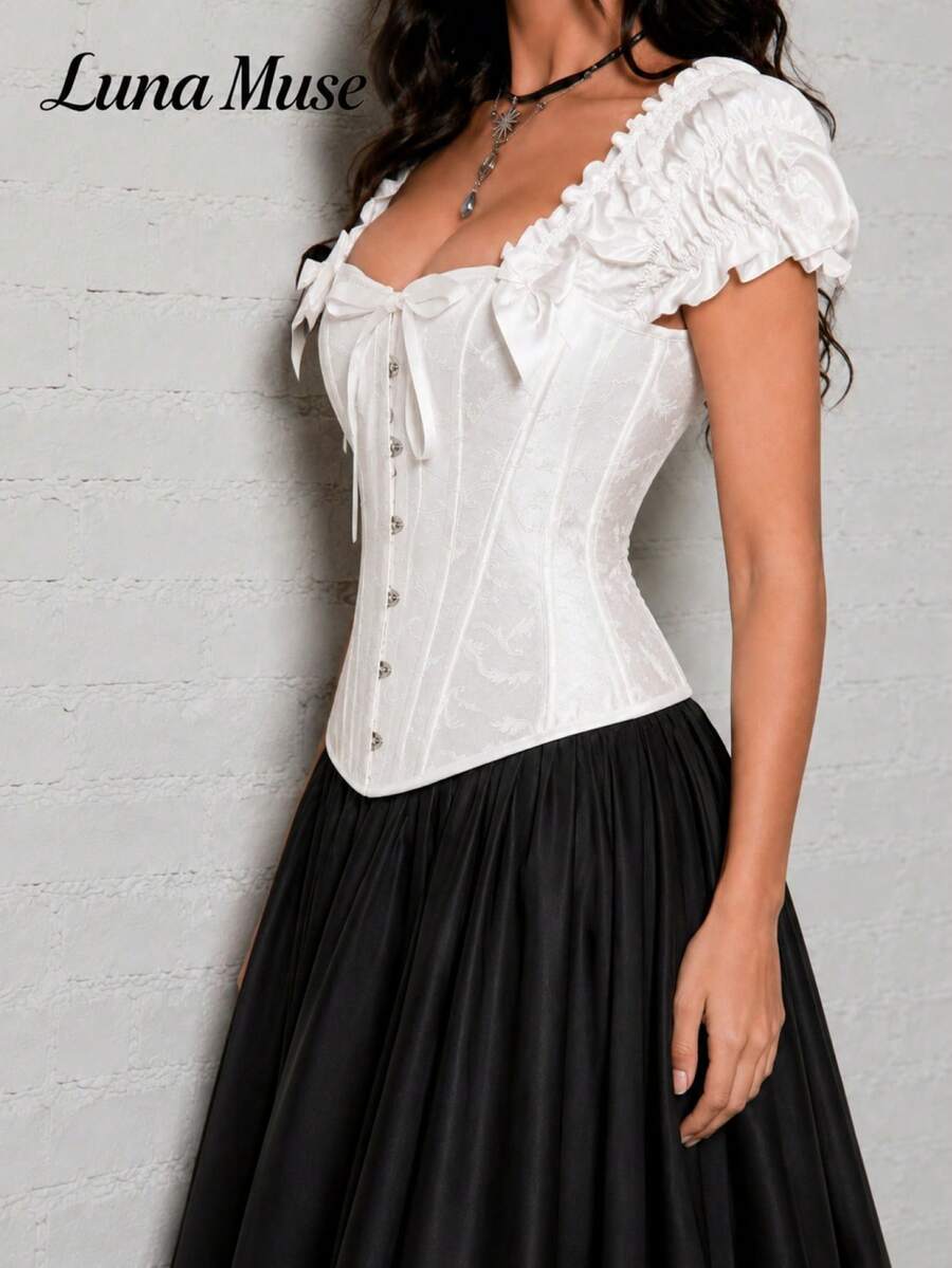 Women's jacquard bustier top with sweetheart neckline, boned construction, backless tie-back detail, and slim fit gothic style design.