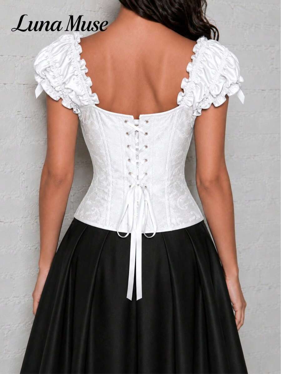 Women's jacquard bustier top with sweetheart neckline, boned construction, backless tie-back detail, and slim fit gothic style design.