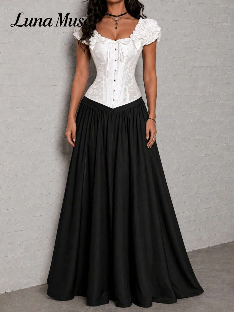 Women's jacquard bustier top with sweetheart neckline, boned construction, backless tie-back detail, and slim fit gothic style design.